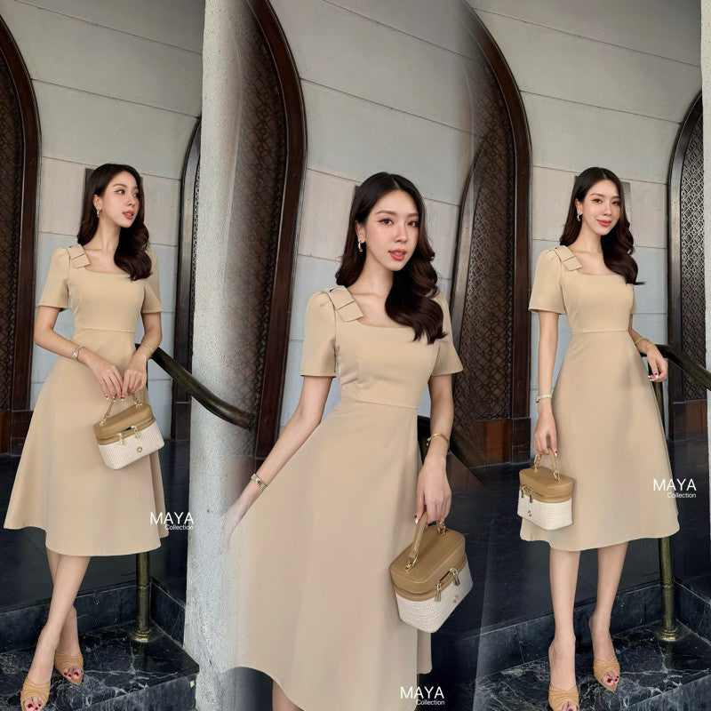 G089 มีสีดำ ด้วยน่า เดรสไปงานแต่ง s m l xl 2xlชุดเดรสแต่งโบว์ไหล่ ผ้าสวยมีน้ำหนัก คุ้มเกินราคา