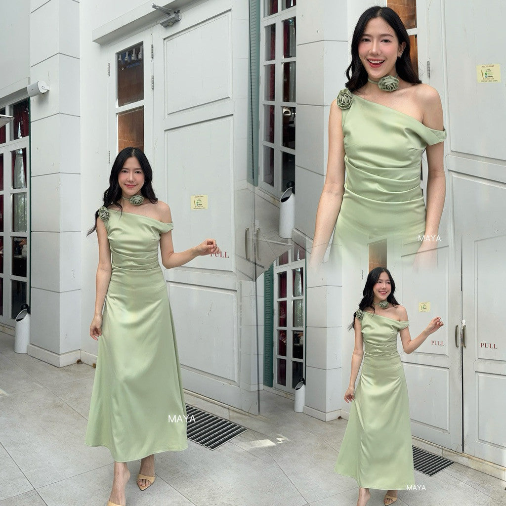 G135 สีน้ำตาลไหม้ มาใหม่ ชุดเดรสปาดไหล่ออกงาน ชุดเพื่อนเจ้าสาว s-2xl สะโพกฟรี มีดอกไม้ผูกให้