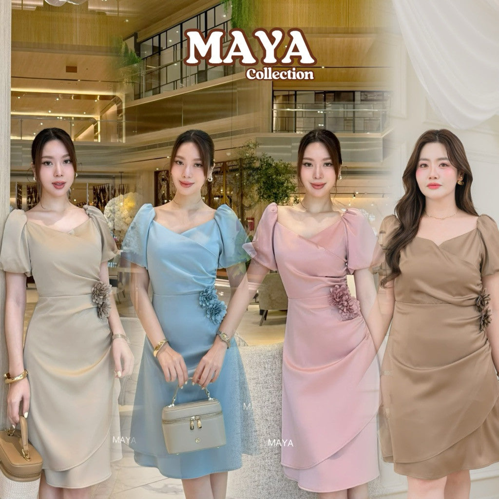 G148 ชุดไปงาน ชุดออกงานเรียบหรูดุแพง s-2xl แถมเข็มกลัดดอกไม้ 2 ดอก กระโปรง2ชั้น ซับในสีตามชุด