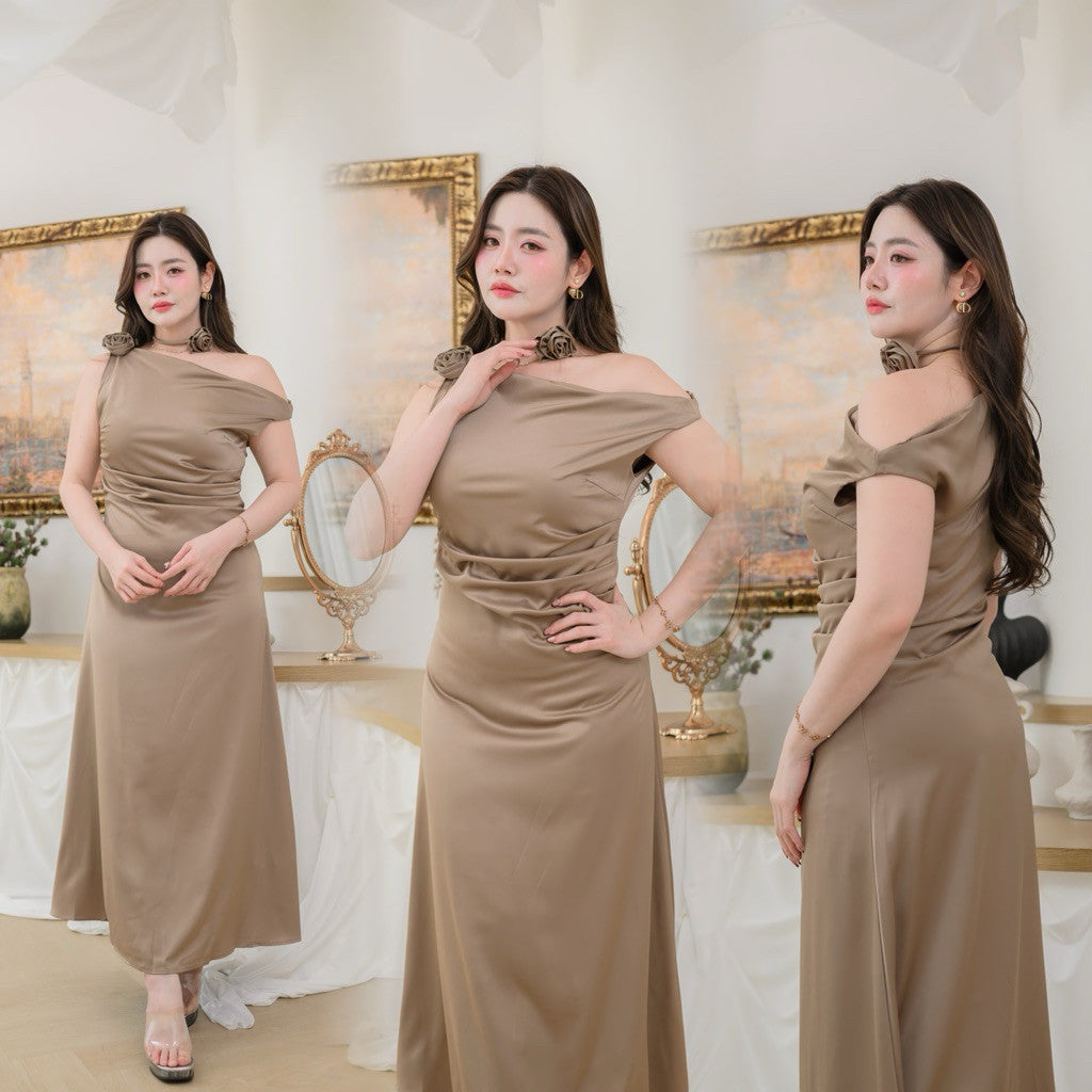 G135 สีน้ำตาลไหม้ มาใหม่ ชุดเดรสปาดไหล่ออกงาน ชุดเพื่อนเจ้าสาว s-2xl สะโพกฟรี มีดอกไม้ผูกให้