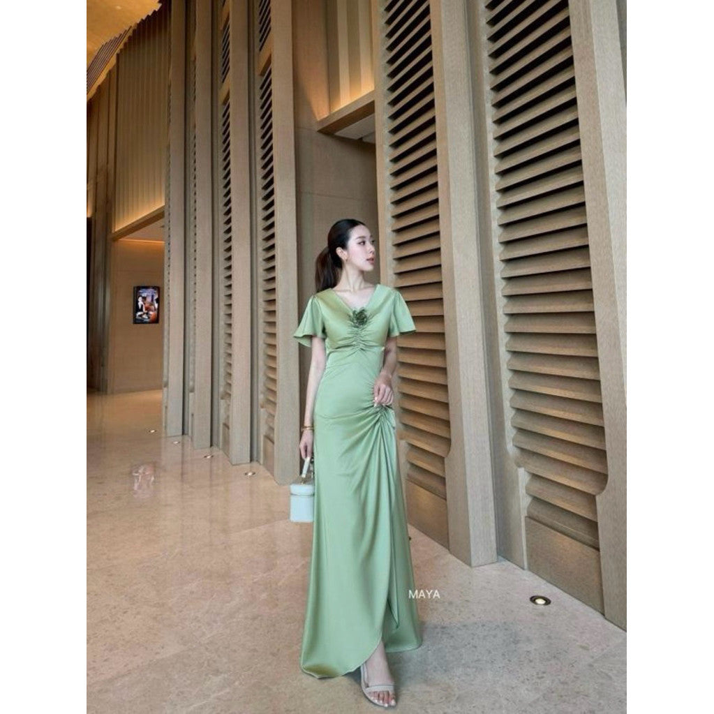 ชุดออกงานสวยๆ G138 ชุดเพื่อนเจ้าสาว ชุดเดรสออกงาน ไซส์ S-3XL สีชาเขียวมาใหม่