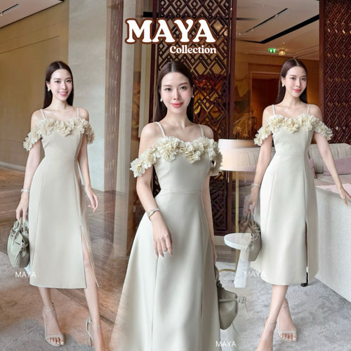G133 s-2xl ชุดไปงาน ชุดเดรสสายเดี่ยวแต่งดอกไม้ สายปรับได้ ผ่าหน้าซับในเต็มตัว สวยมากกกค่า