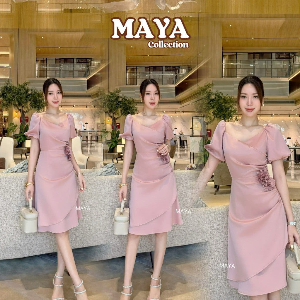 G148 ชุดไปงาน ชุดออกงานเรียบหรูดุแพง s-2xl แถมเข็มกลัดดอกไม้ 2 ดอก กระโปรง2ชั้น ซับในสีตามชุด