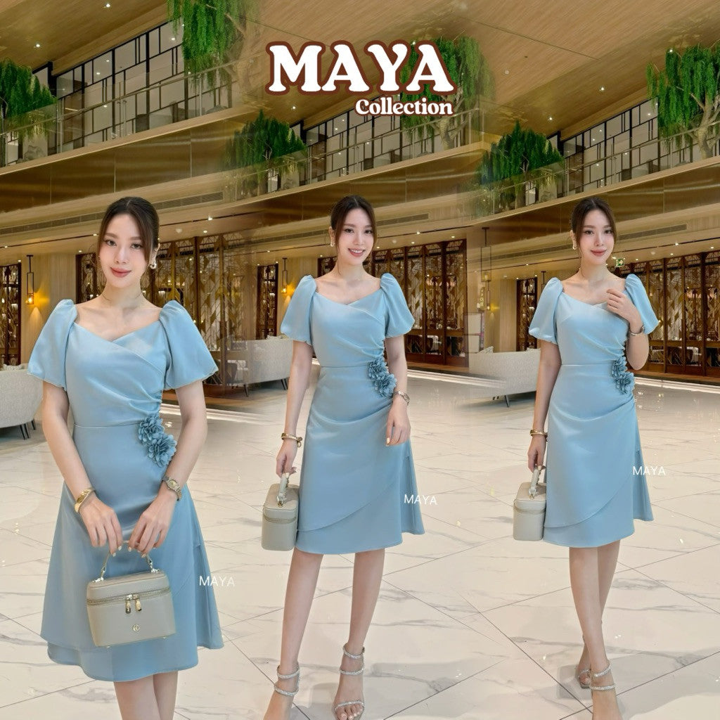 G148 ชุดไปงาน ชุดออกงานเรียบหรูดุแพง s-2xl แถมเข็มกลัดดอกไม้ 2 ดอก กระโปรง2ชั้น ซับในสีตามชุด