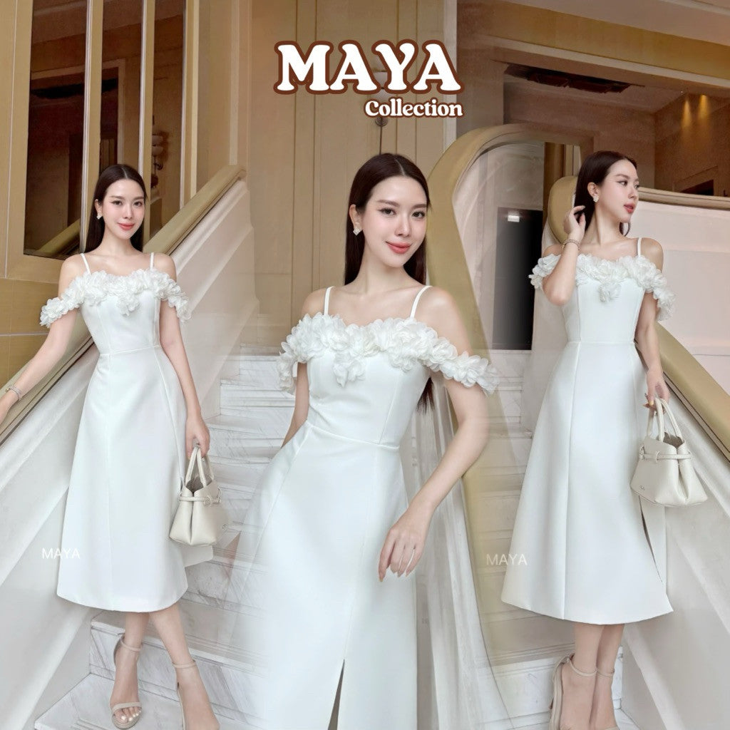 G133 s-2xl ชุดไปงาน ชุดเดรสสายเดี่ยวแต่งดอกไม้ สายปรับได้ ผ่าหน้าซับในเต็มตัว สวยมากกกค่า