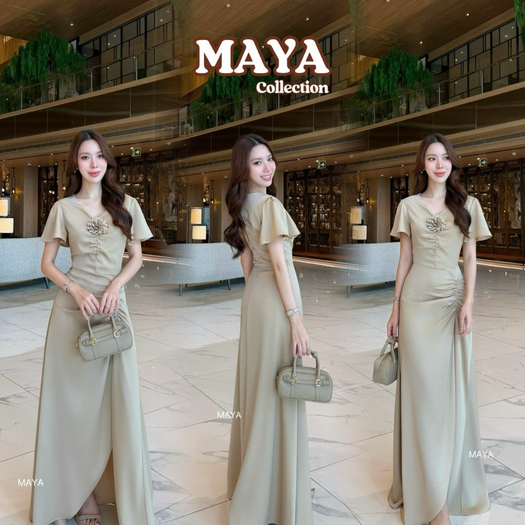 ชุดออกงานสวยๆ G138 ชุดเพื่อนเจ้าสาว ชุดเดรสออกงาน ไซส์ S-3XL สีชาเขียวมาใหม่