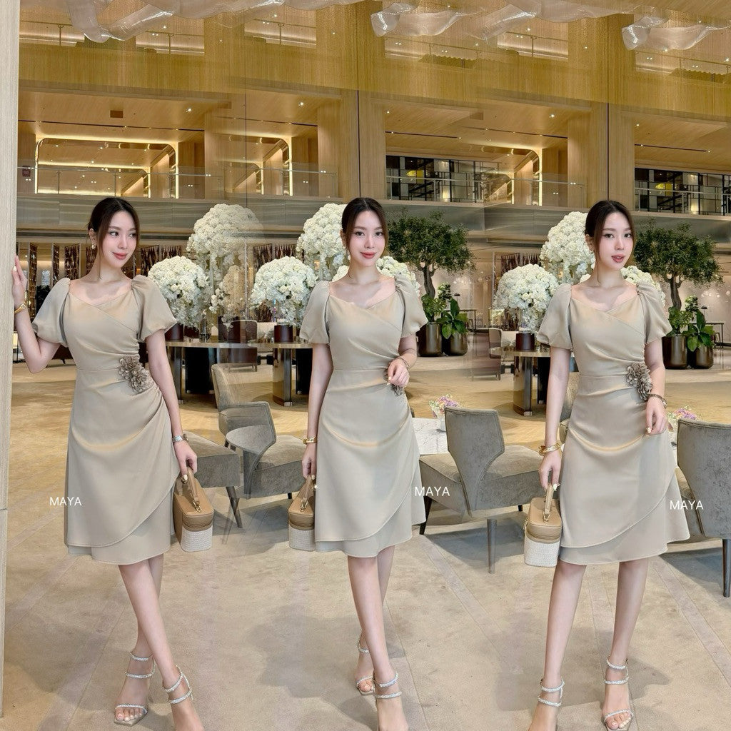 G148 ชุดไปงาน ชุดออกงานเรียบหรูดุแพง s-2xl แถมเข็มกลัดดอกไม้ 2 ดอก กระโปรง2ชั้น ซับในสีตามชุด