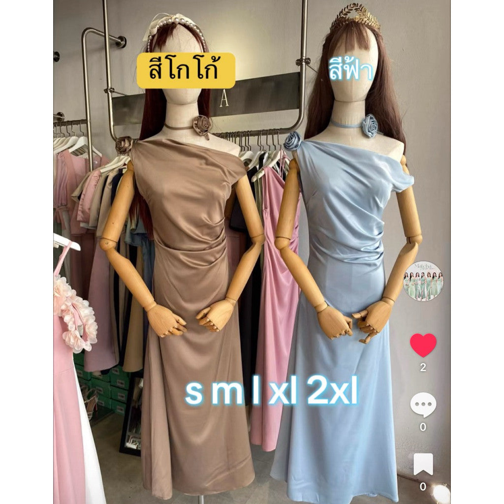 G135 สีน้ำตาลไหม้ มาใหม่ ชุดเดรสปาดไหล่ออกงาน ชุดเพื่อนเจ้าสาว s-2xl สะโพกฟรี มีดอกไม้ผูกให้