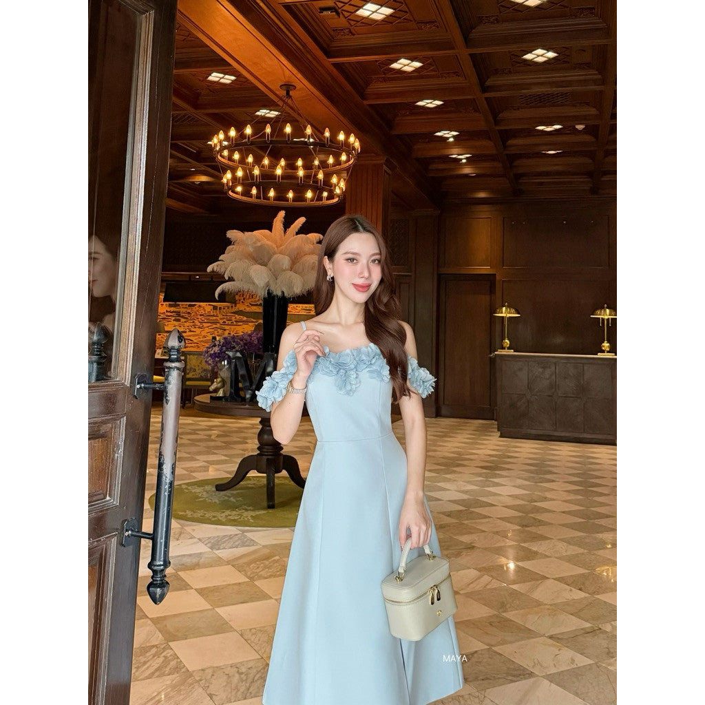 G133 s-2xl ชุดไปงาน ชุดเดรสสายเดี่ยวแต่งดอกไม้ สายปรับได้ ผ่าหน้าซับในเต็มตัว สวยมากกกค่า