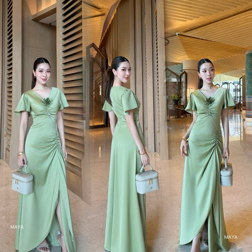 ชุดออกงานสวยๆ G138 ชุดเพื่อนเจ้าสาว ชุดเดรสออกงาน ไซส์ S-3XL สีชาเขียวมาใหม่