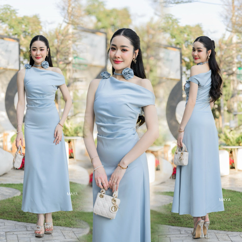G135 สีน้ำตาลไหม้ มาใหม่ ชุดเดรสปาดไหล่ออกงาน ชุดเพื่อนเจ้าสาว s-2xl สะโพกฟรี มีดอกไม้ผูกให้
