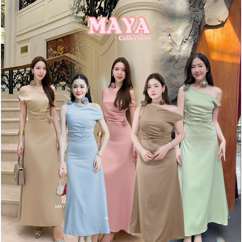 G135 สีน้ำตาลไหม้ มาใหม่ ชุดเดรสปาดไหล่ออกงาน ชุดเพื่อนเจ้าสาว s-2xl สะโพกฟรี มีดอกไม้ผูกให้