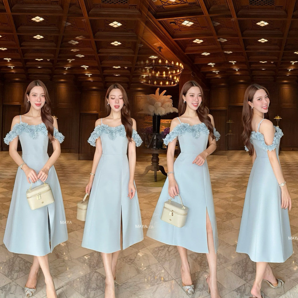 G133 s-2xl ชุดไปงาน ชุดเดรสสายเดี่ยวแต่งดอกไม้ สายปรับได้ ผ่าหน้าซับในเต็มตัว สวยมากกกค่า